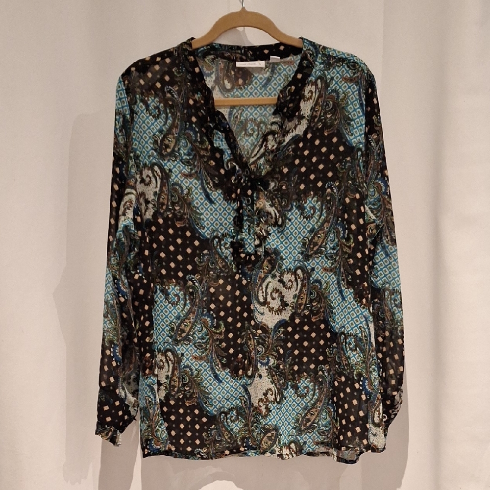 Susan Graver Black and Blue Paisley Sheer Blouse Tunic Size Xl